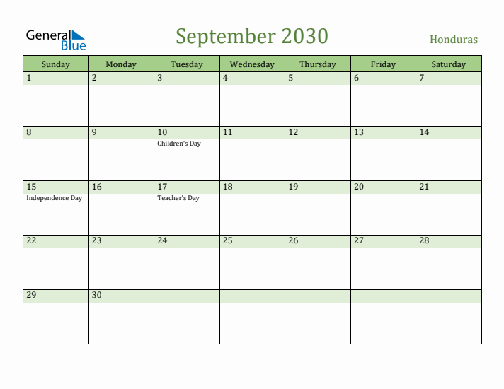 September 2030 Calendar with Honduras Holidays