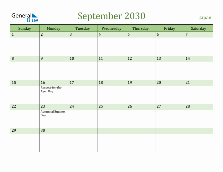 September 2030 Calendar with Japan Holidays