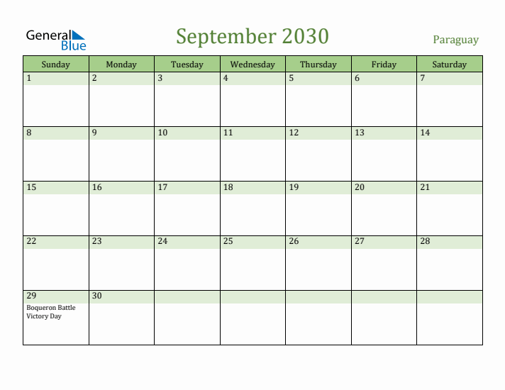 September 2030 Calendar with Paraguay Holidays
