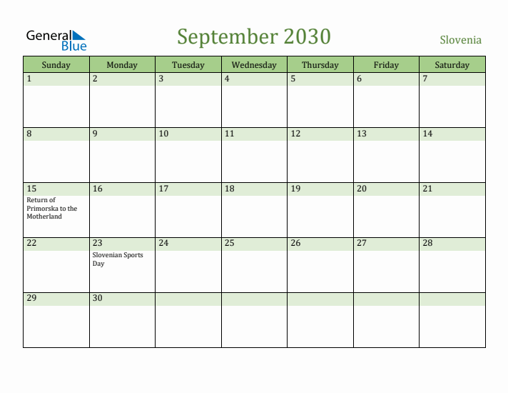 September 2030 Calendar with Slovenia Holidays