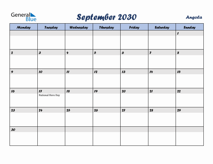 September 2030 Calendar with Holidays in Angola
