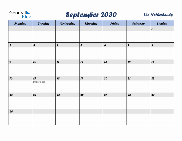 September 2030 Calendar with Holidays in The Netherlands
