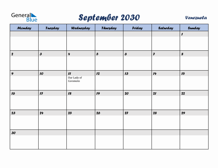 September 2030 Calendar with Holidays in Venezuela