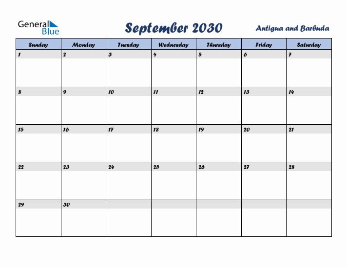 September 2030 Calendar with Holidays in Antigua and Barbuda