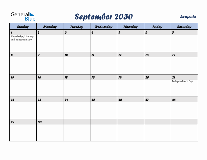 September 2030 Calendar with Holidays in Armenia