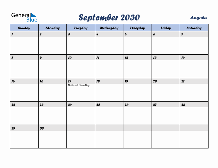 September 2030 Calendar with Holidays in Angola