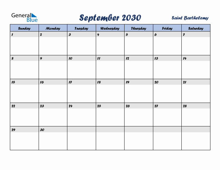 September 2030 Calendar with Holidays in Saint Barthelemy