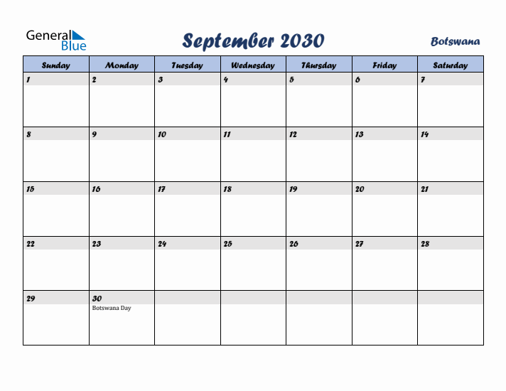 September 2030 Calendar with Holidays in Botswana