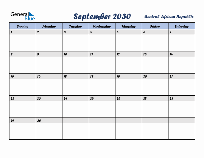 September 2030 Calendar with Holidays in Central African Republic