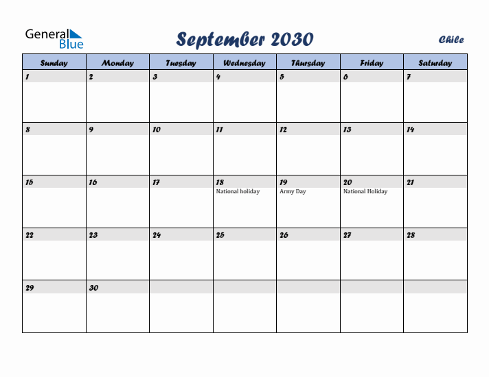 September 2030 Calendar with Holidays in Chile