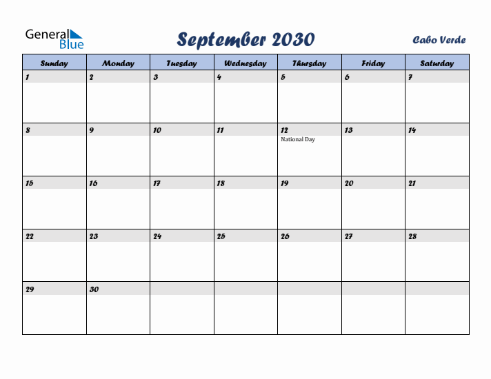 September 2030 Calendar with Holidays in Cabo Verde