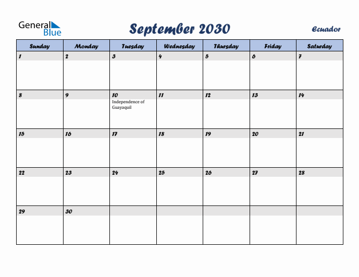 September 2030 Calendar with Holidays in Ecuador