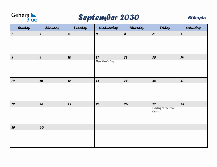 September 2030 Calendar with Holidays in Ethiopia