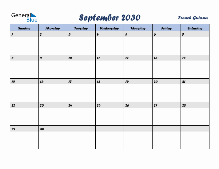 September 2030 Calendar with Holidays in French Guiana