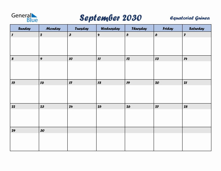 September 2030 Calendar with Holidays in Equatorial Guinea