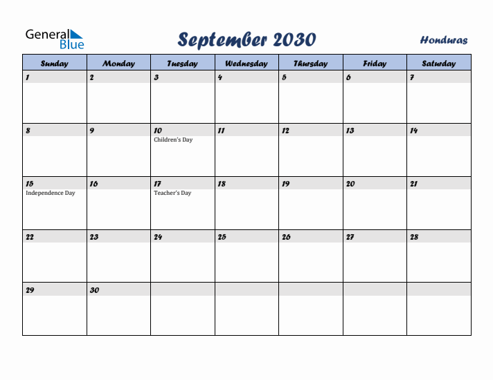 September 2030 Calendar with Holidays in Honduras