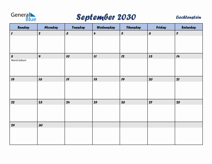 September 2030 Calendar with Holidays in Liechtenstein