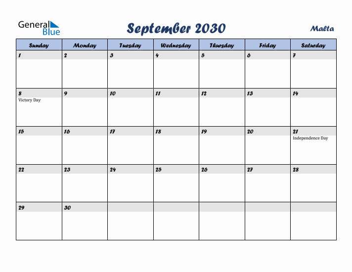 September 2030 Calendar with Holidays in Malta