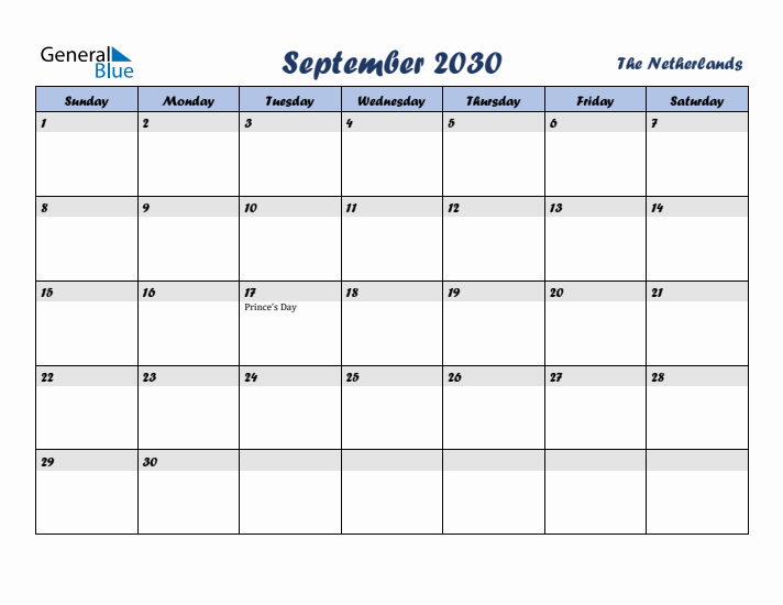 September 2030 Calendar with Holidays in The Netherlands