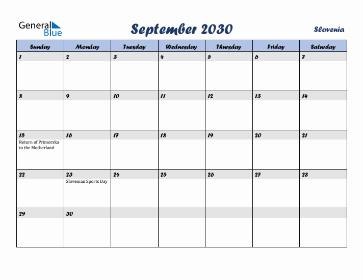 September 2030 Calendar with Holidays in Slovenia