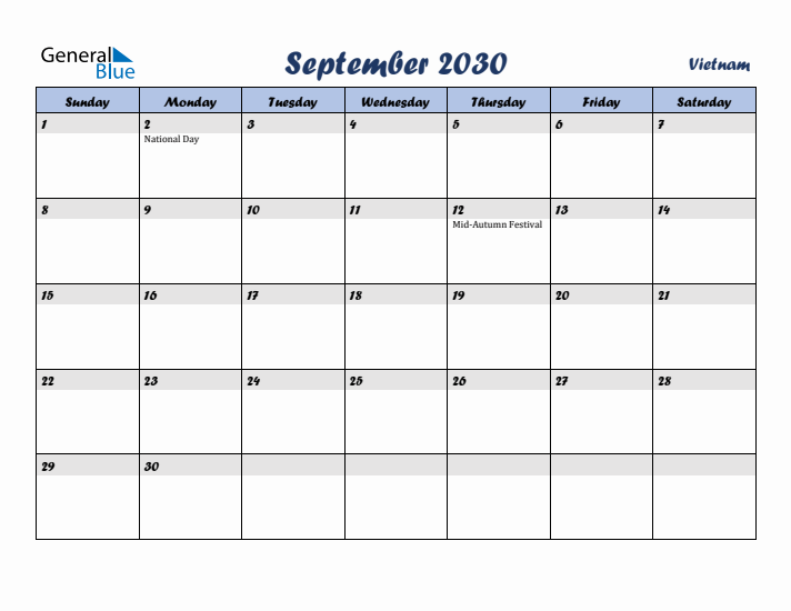 September 2030 Calendar with Holidays in Vietnam