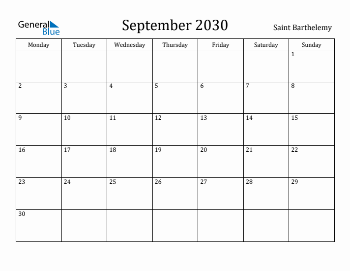 September 2030 Calendar Saint Barthelemy
