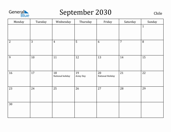 September 2030 Calendar Chile