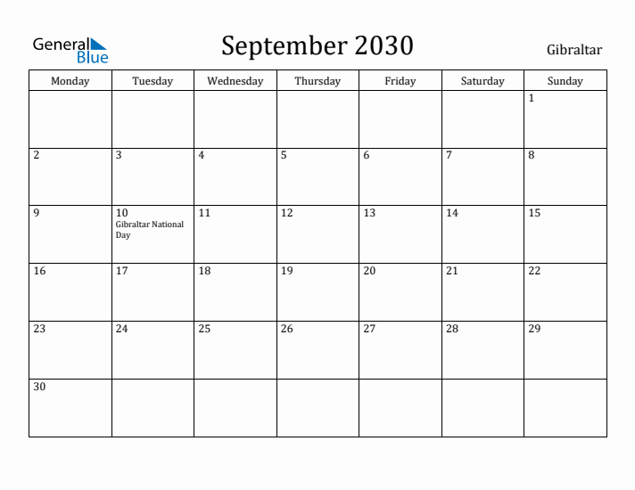 September 2030 Calendar Gibraltar