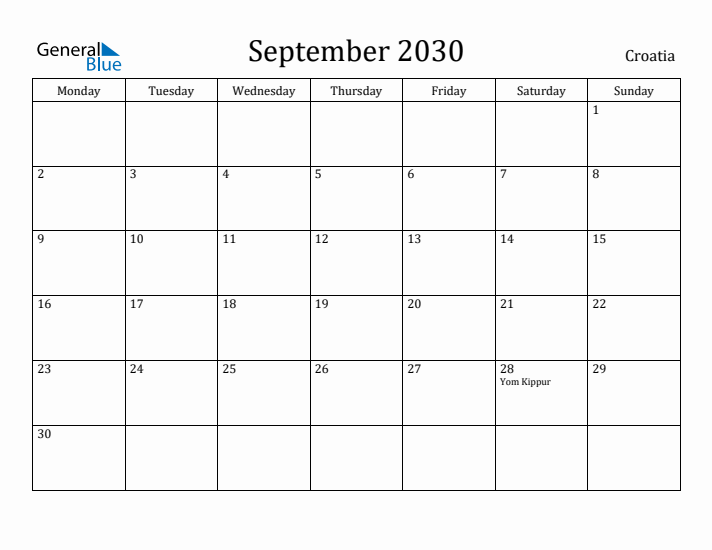 September 2030 Calendar Croatia