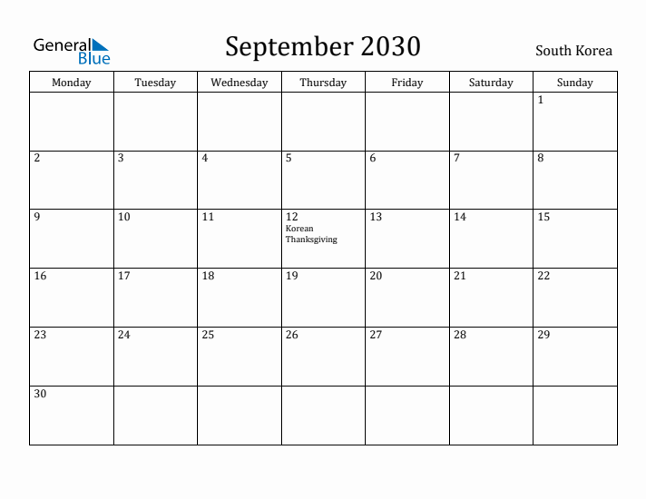 September 2030 Calendar South Korea