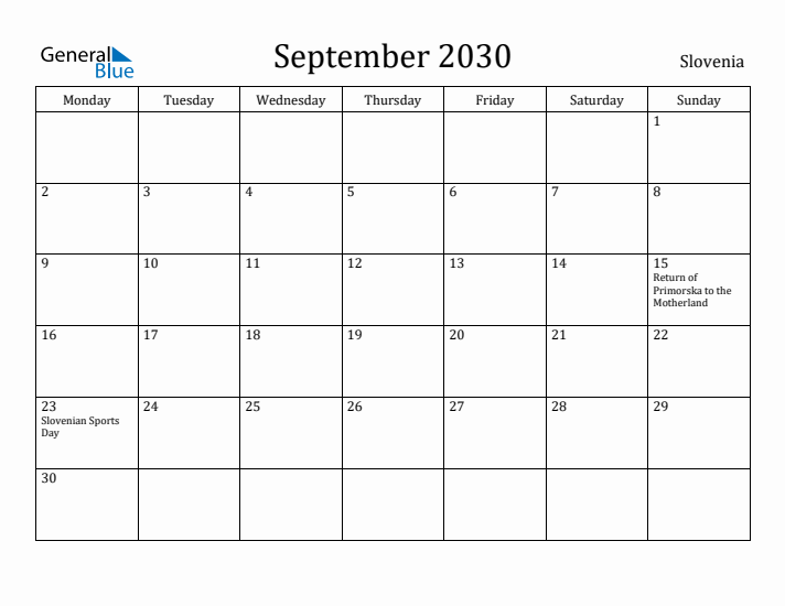 September 2030 Calendar Slovenia