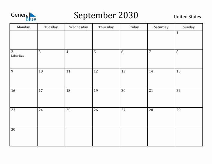 September 2030 Calendar United States