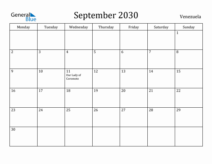 September 2030 Calendar Venezuela