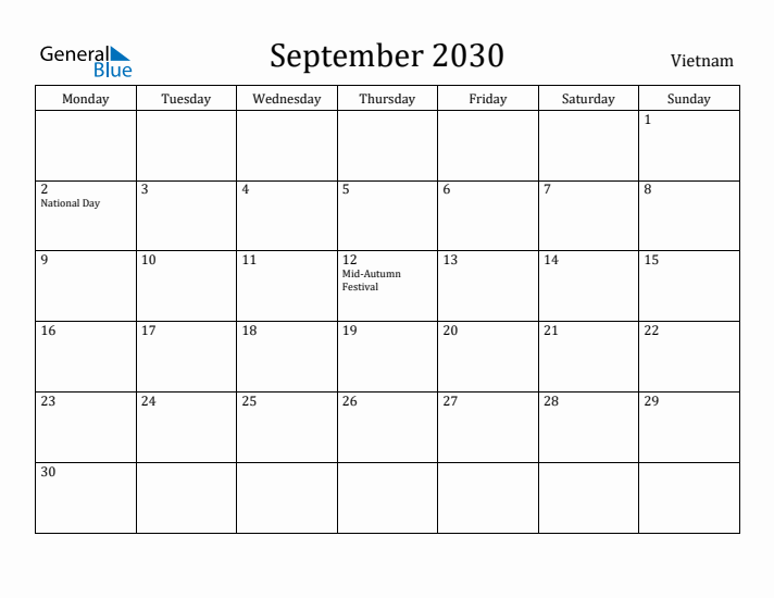 September 2030 Calendar Vietnam