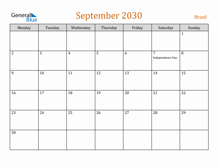 September 2030 Holiday Calendar with Monday Start
