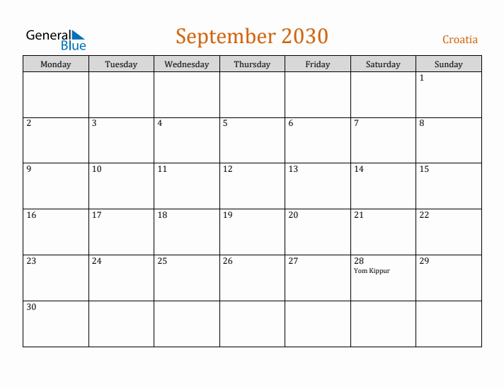 September 2030 Holiday Calendar with Monday Start