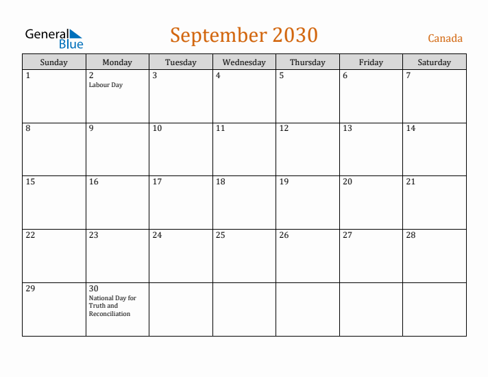 September 2030 Holiday Calendar with Sunday Start