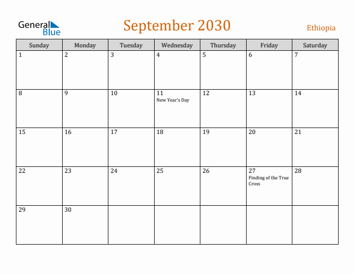 September 2030 Holiday Calendar with Sunday Start