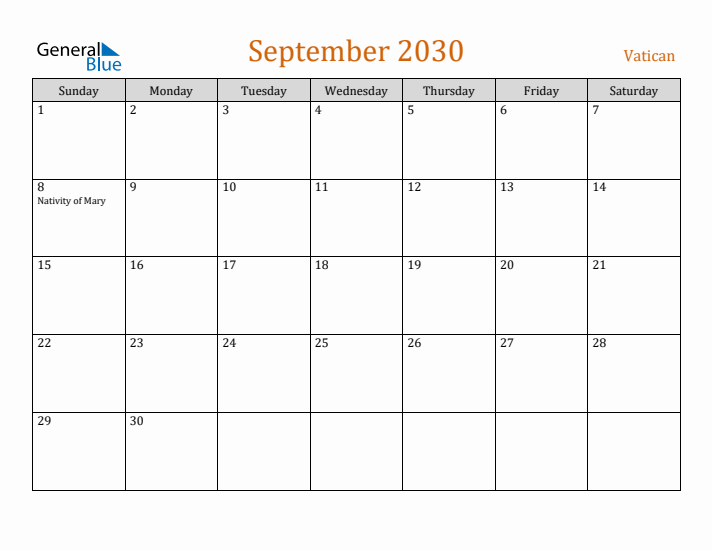 September 2030 Holiday Calendar with Sunday Start