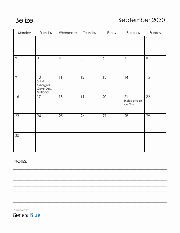 September 2030 Belize Calendar with Holidays (Monday Start)