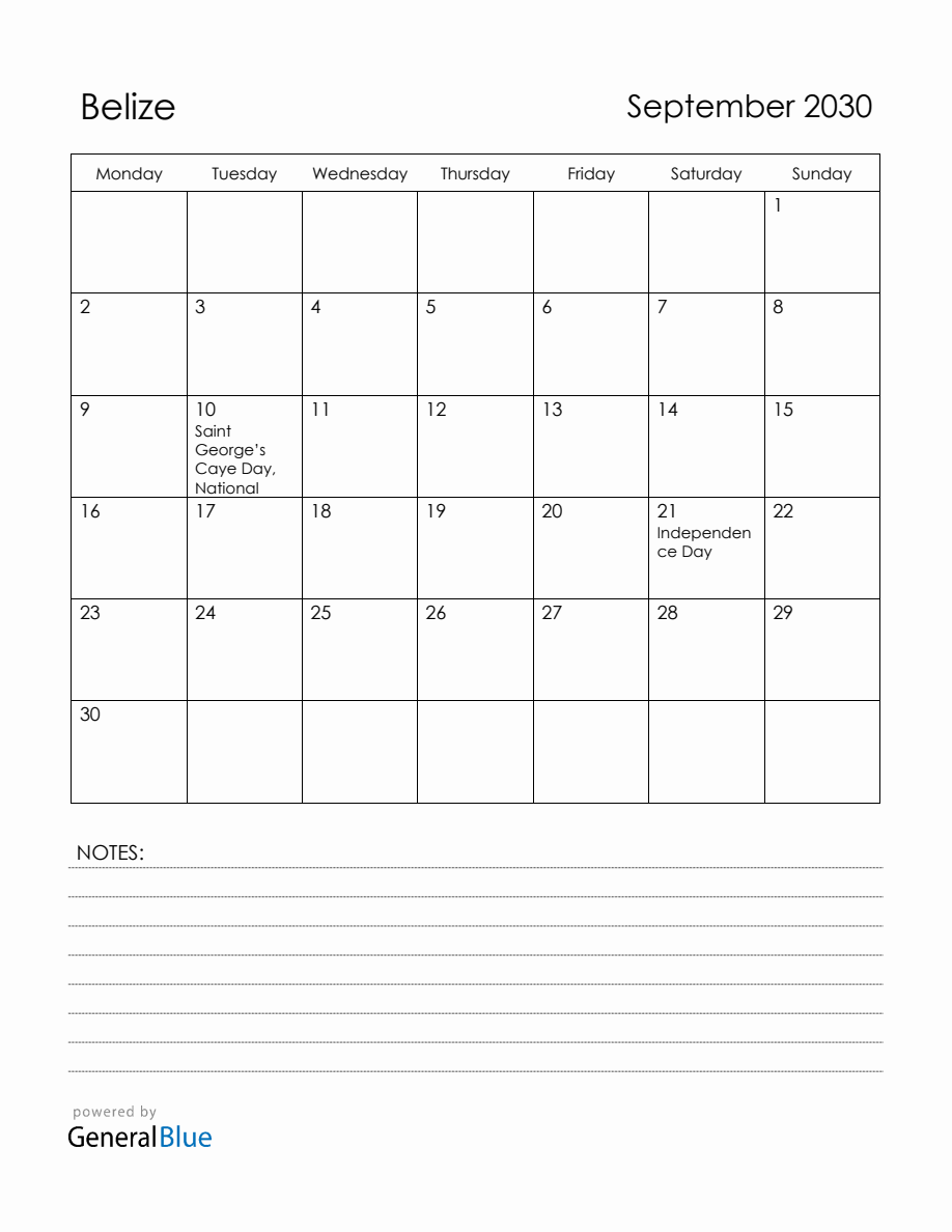 September 2030 Belize Calendar with Holidays