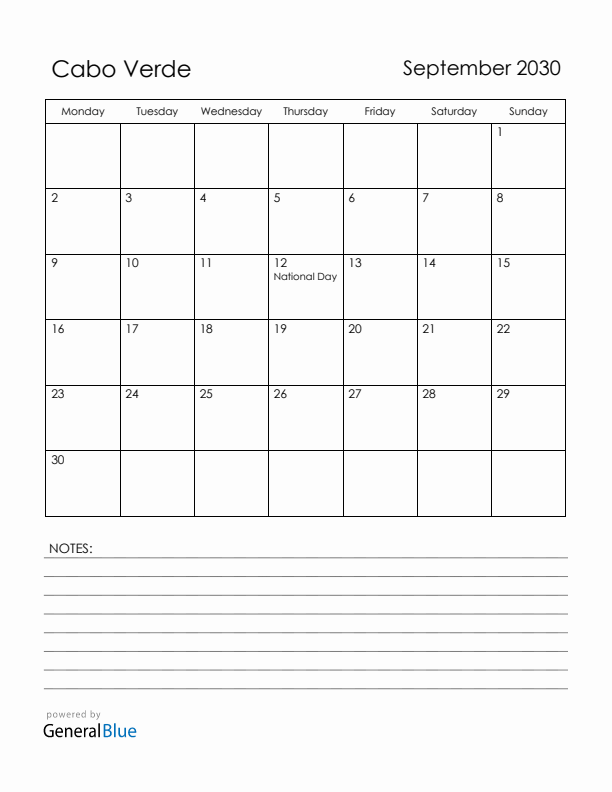 September 2030 Cabo Verde Calendar with Holidays (Monday Start)
