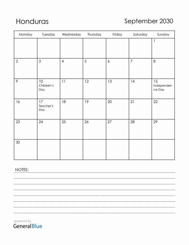 September 2030 Honduras Calendar with Holidays (Monday Start)