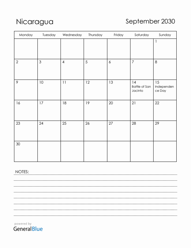 September 2030 Nicaragua Calendar with Holidays (Monday Start)