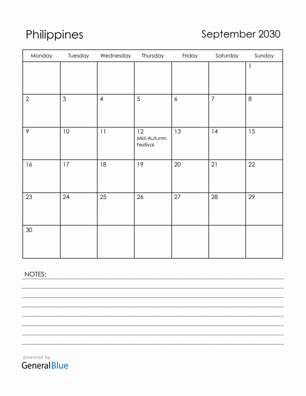 September 2030 Philippines Calendar with Holidays (Monday Start)