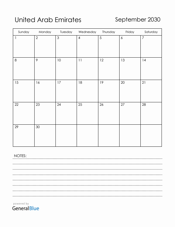 September 2030 United Arab Emirates Calendar with Holidays (Sunday Start)