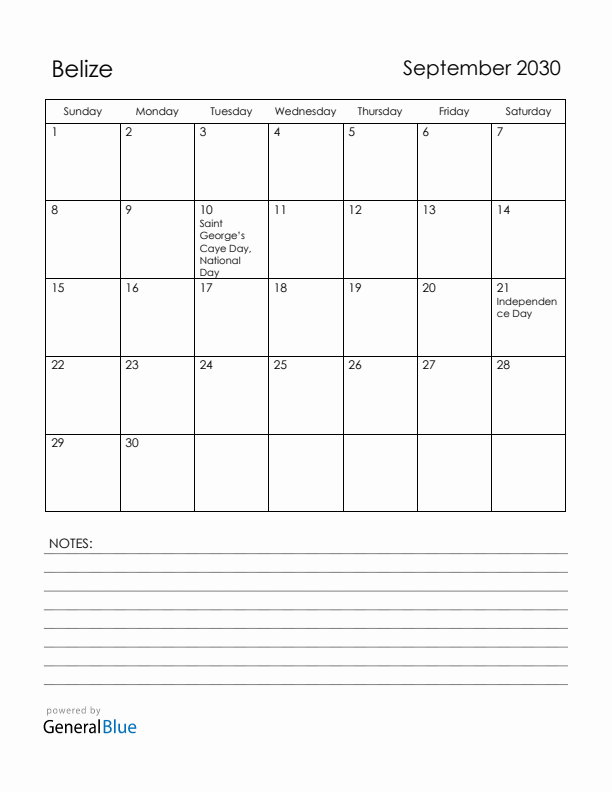 September 2030 Belize Calendar with Holidays (Sunday Start)
