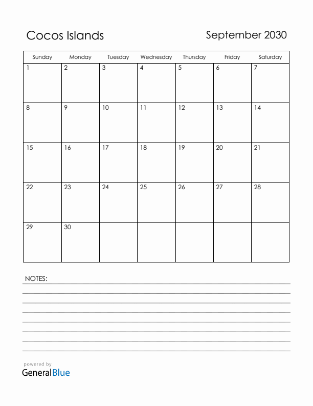 September 2030 Cocos Islands Calendar with Holidays (Sunday Start)