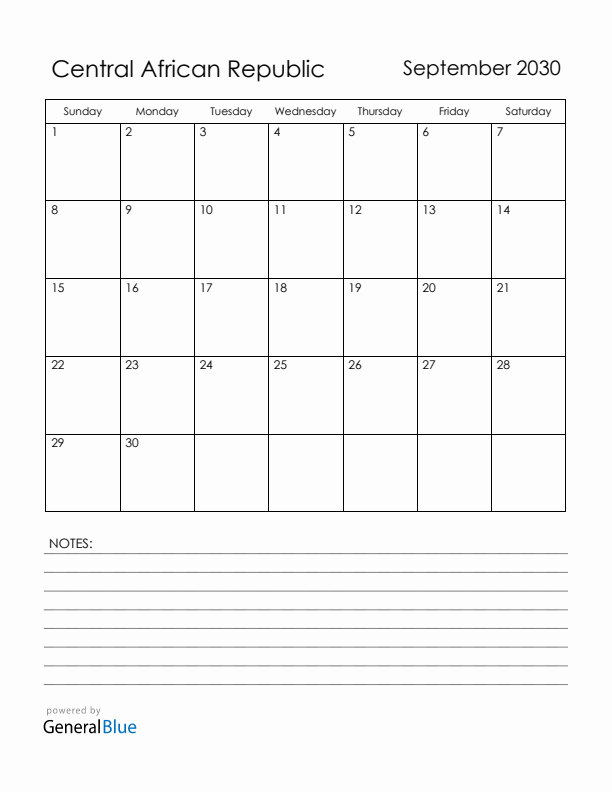 September 2030 Central African Republic Calendar with Holidays (Sunday Start)