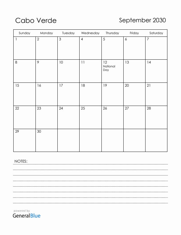 September 2030 Cabo Verde Calendar with Holidays (Sunday Start)